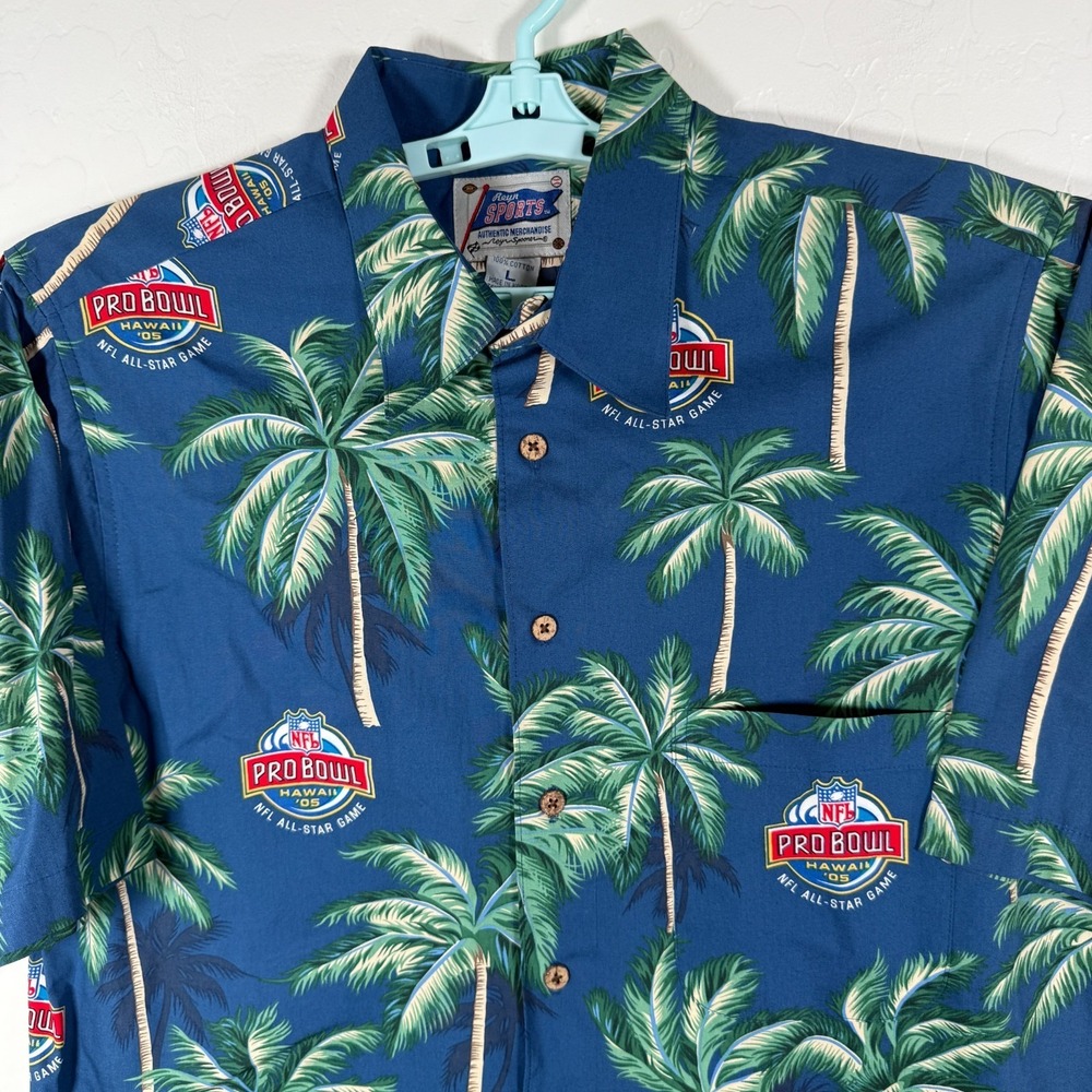 Reyn Spooner Shirt Mens Large Blue Hawaiian Camp Pro Bowl 2005 Hawaii Palms